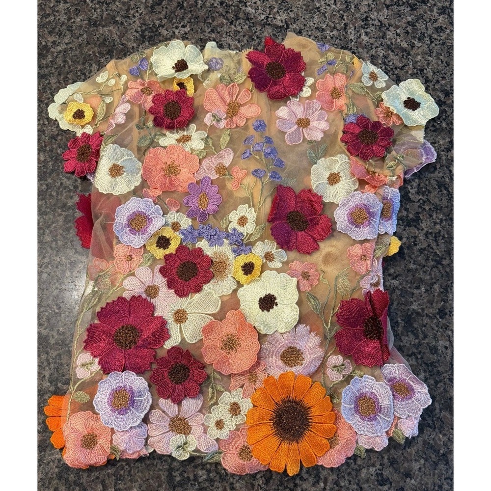 Anewsta Floral Embroidered Mesh Top Sheer 3D Flower Applique Blouse Tan Small